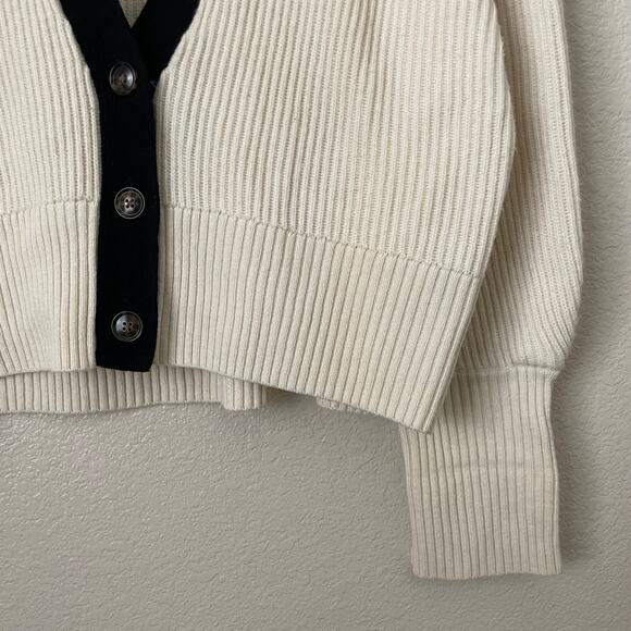 BLDWN Cardigan Women Small Cream Black Sparrow Cashmere Wool Ribbed Knit Sweater - Picture 6 of 12
